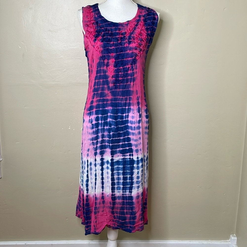 CUTE OPTIONS Shift Dress Pink & Blue Tie Dye Embroidered Detail BOHO MIDI 1X